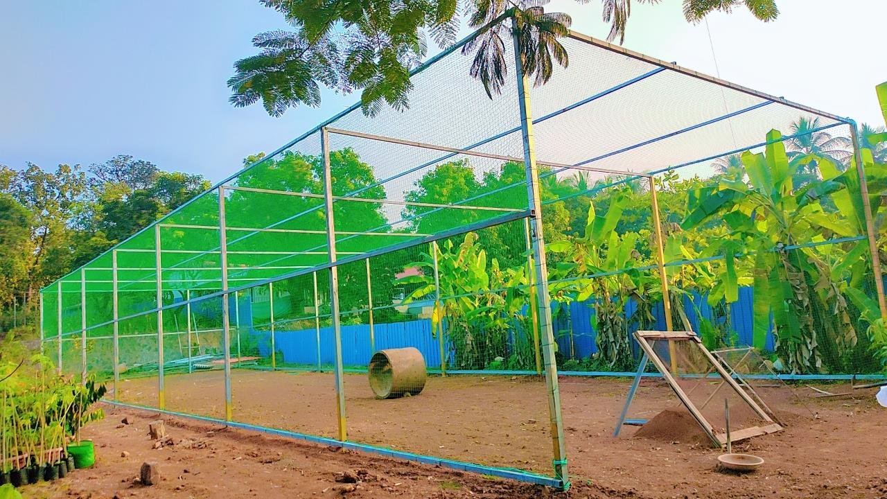 Large outdoor enclosure covered with protective netting