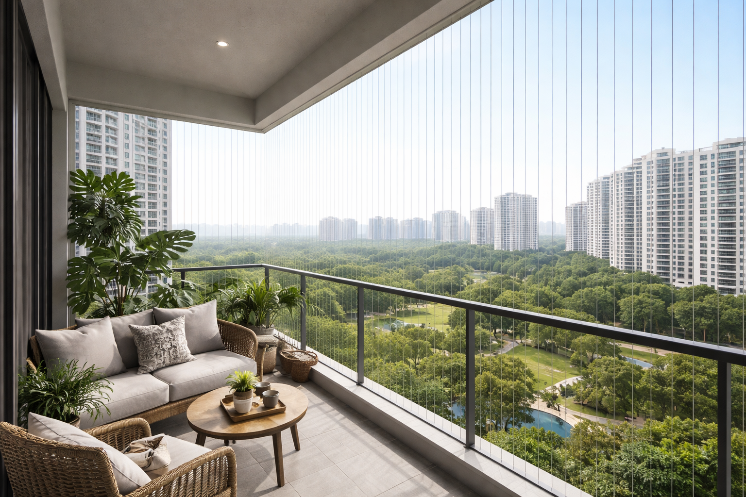 Open balcony with discreet invisible grill cables