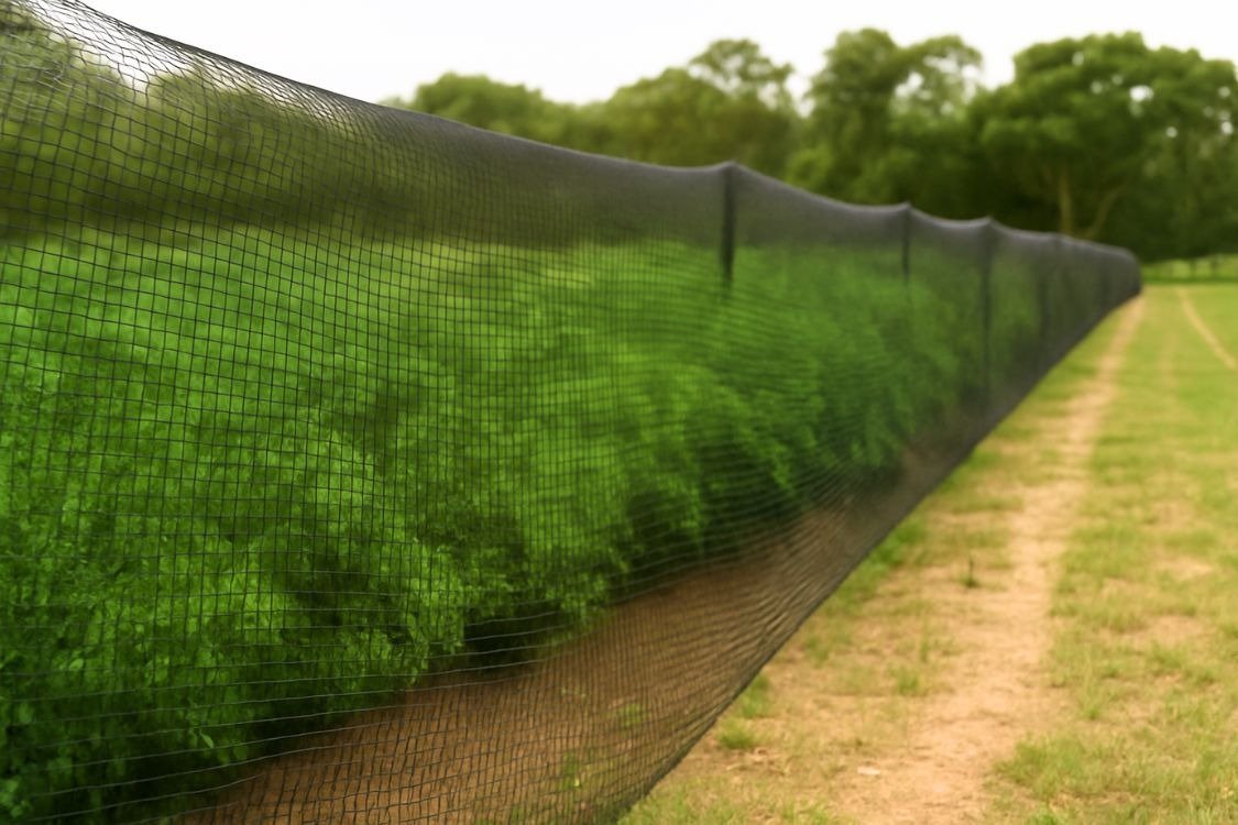 Long field boundary covered with protective netting