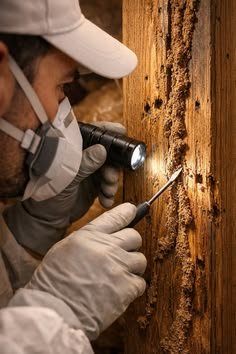 Technician inspecting timber for signs of termites